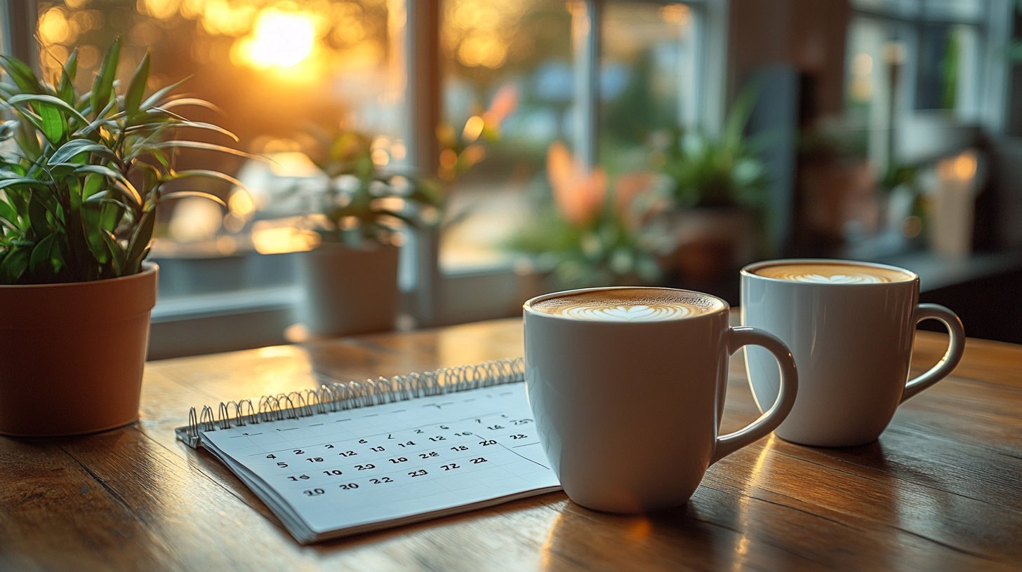 Ein Kalender mit leeren Tagen und kalten Tassen.