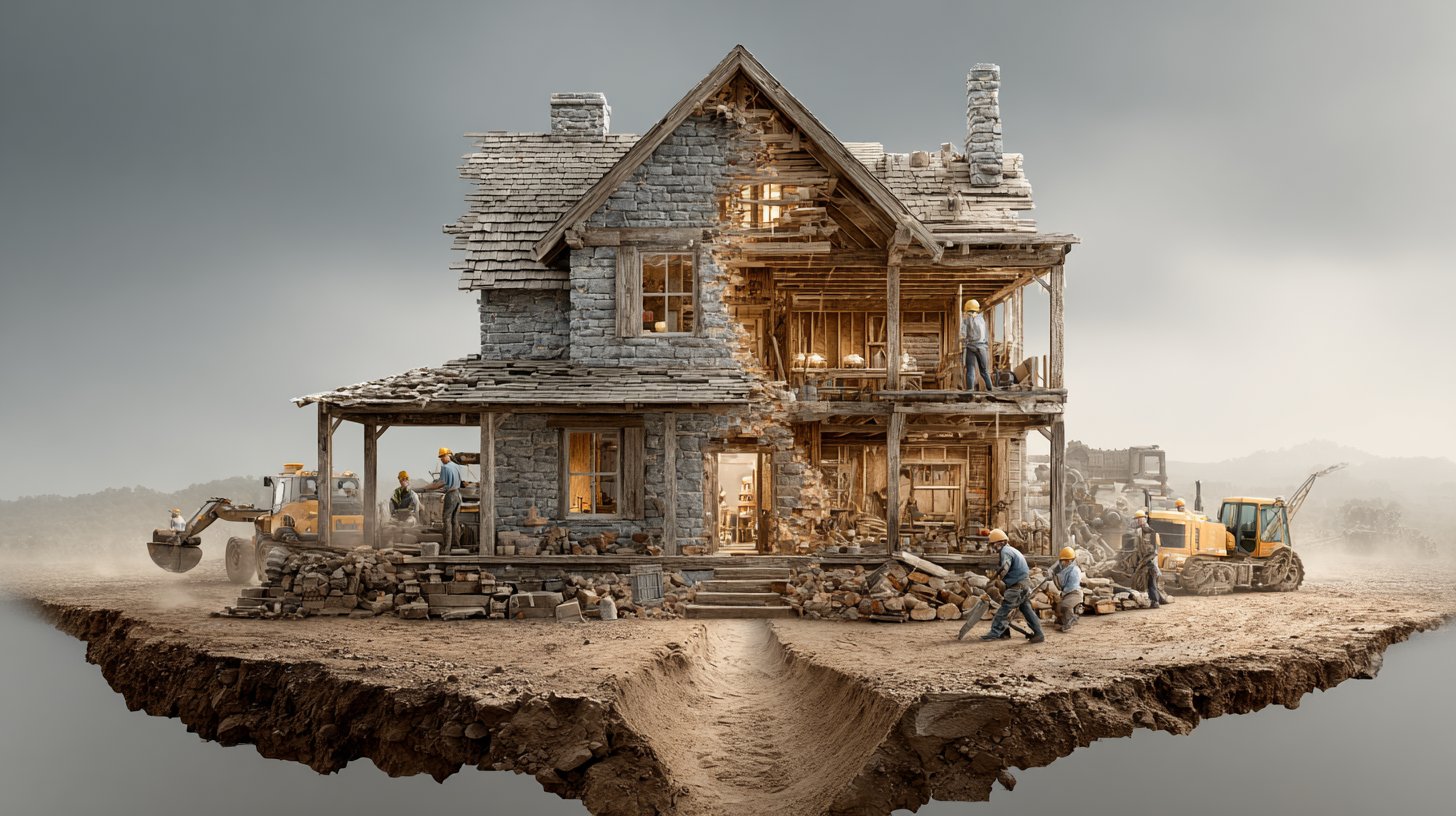 Baustelle, wo Handwerker am Haus arbeiten.