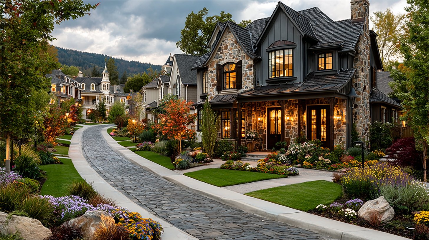 Ein Paar erkundet ein malerisches Viertel mit einem Makler.