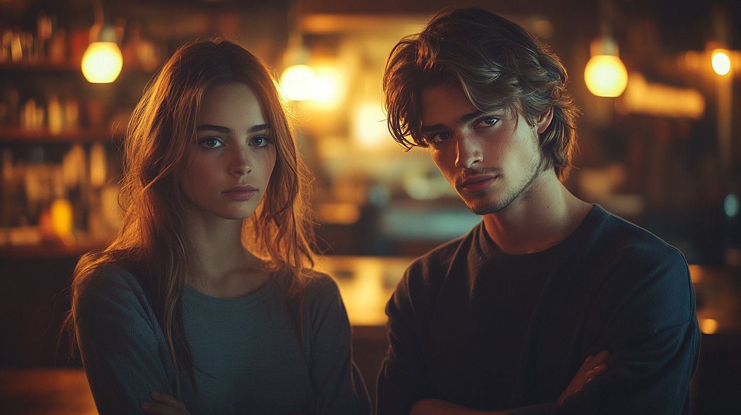 Ein Paar, das in einem Raum distanziert steht.