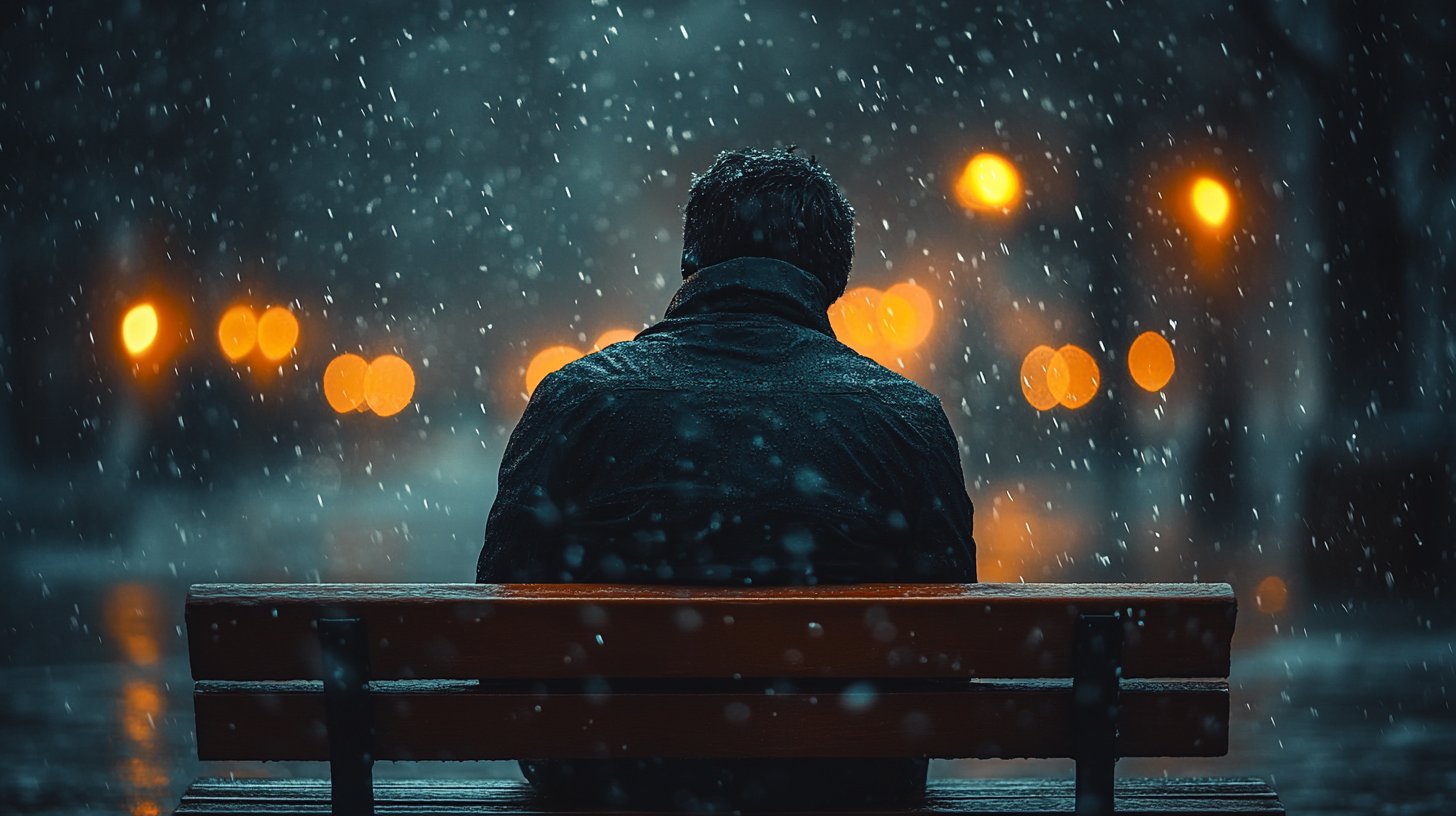 Ein Mann mit reumütigem Blick, der allein auf einer Bank sitzt.