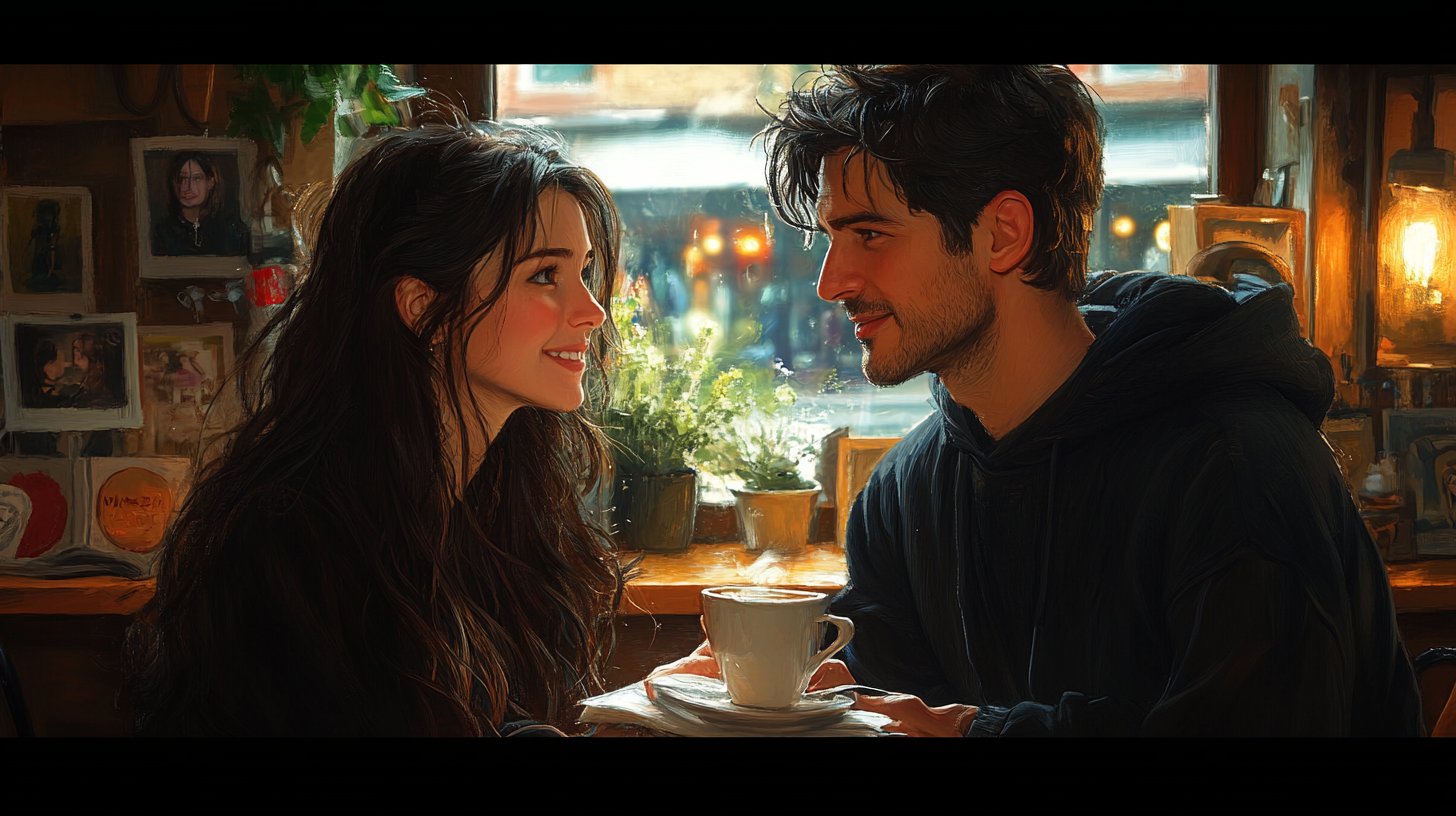 Ein Paar beim herzlichen Gespräch über Kaffee in einem gemütlichen Raum.