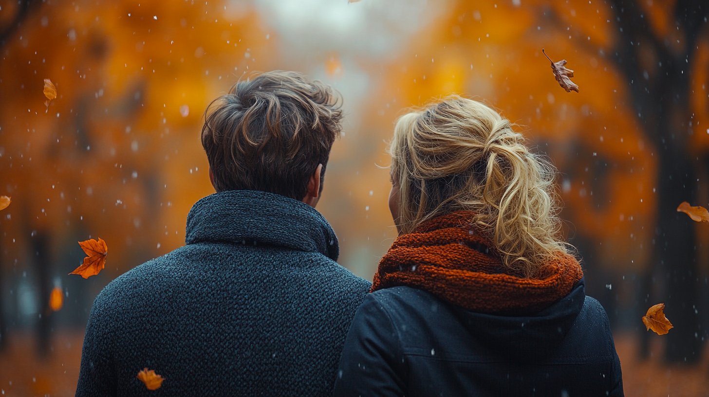 Ein Paar, das sich im Park abwendet, umgeben von herabfallenden Blättern.