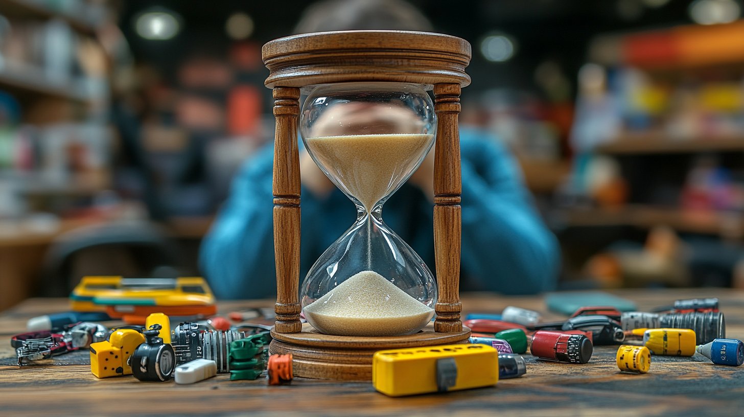 An hourglass with sand slipping away, surrounded by hobbies and friends.