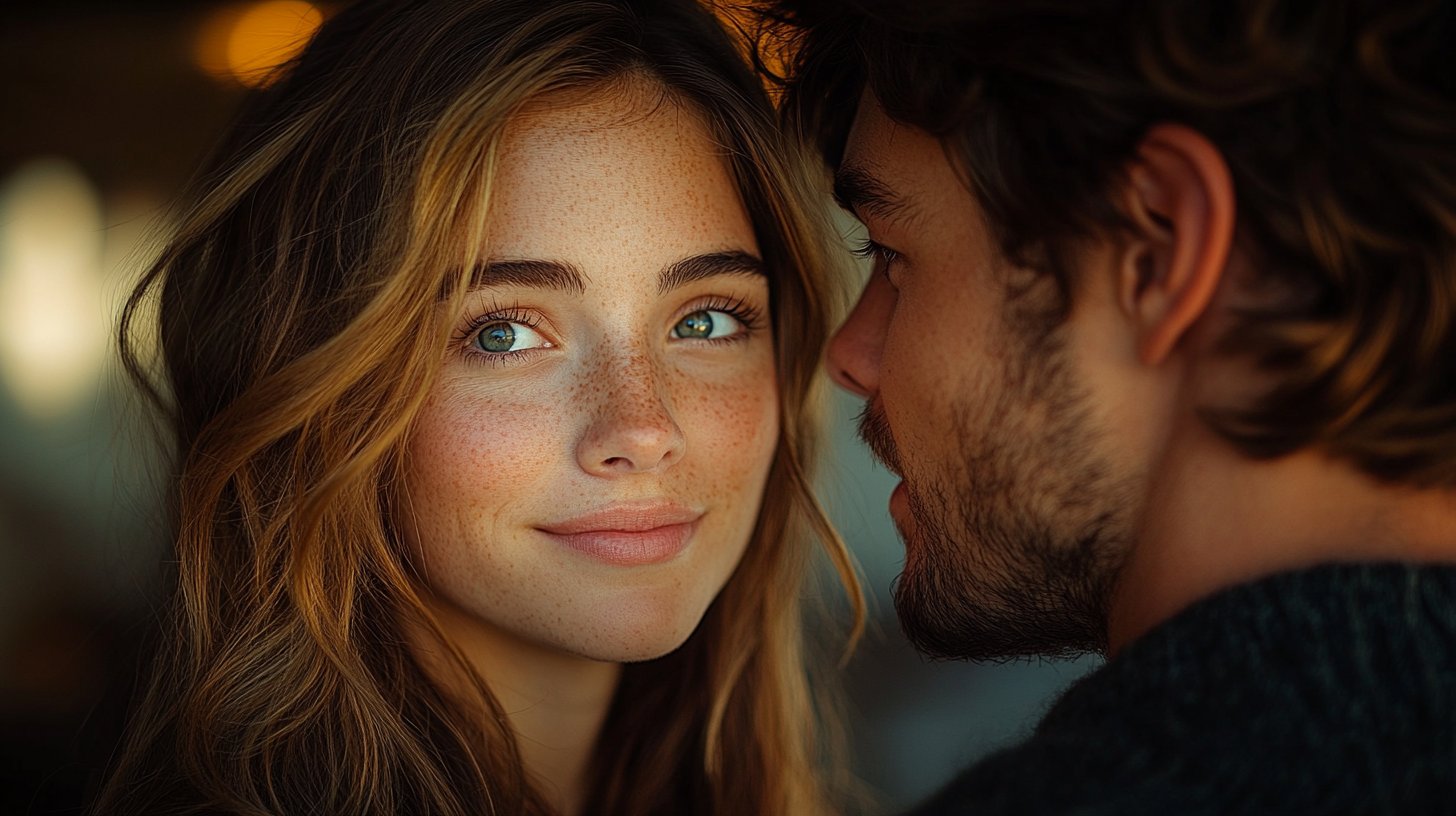 A close-up of a couple talking, with one partner appearing distracted.