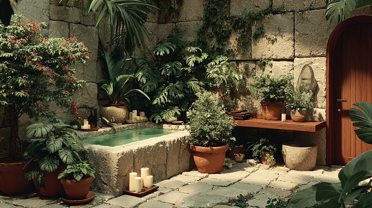 Badezimmer voller grüner Pflanzen und natürlicher Materialien.