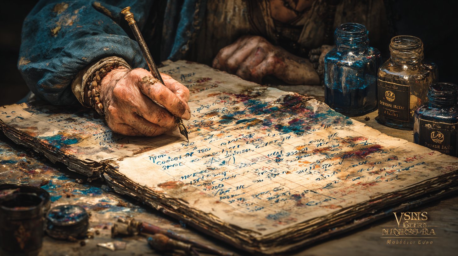 Eine Hand hält ein liebevoll gestaltetes Reisetagebuch voller Zahlen.