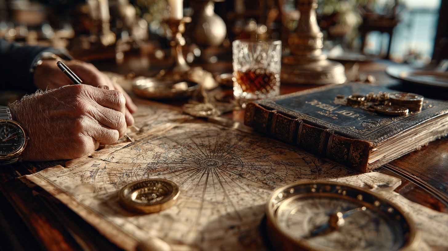 Ein Reisender erkundet eine Numerologie-Tabelle in einer ruhigen Umgebung.