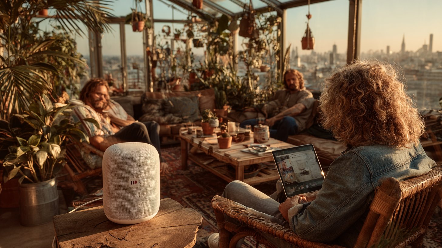 Menschen kommunizieren digital in einem stilvollen Wohnraum.