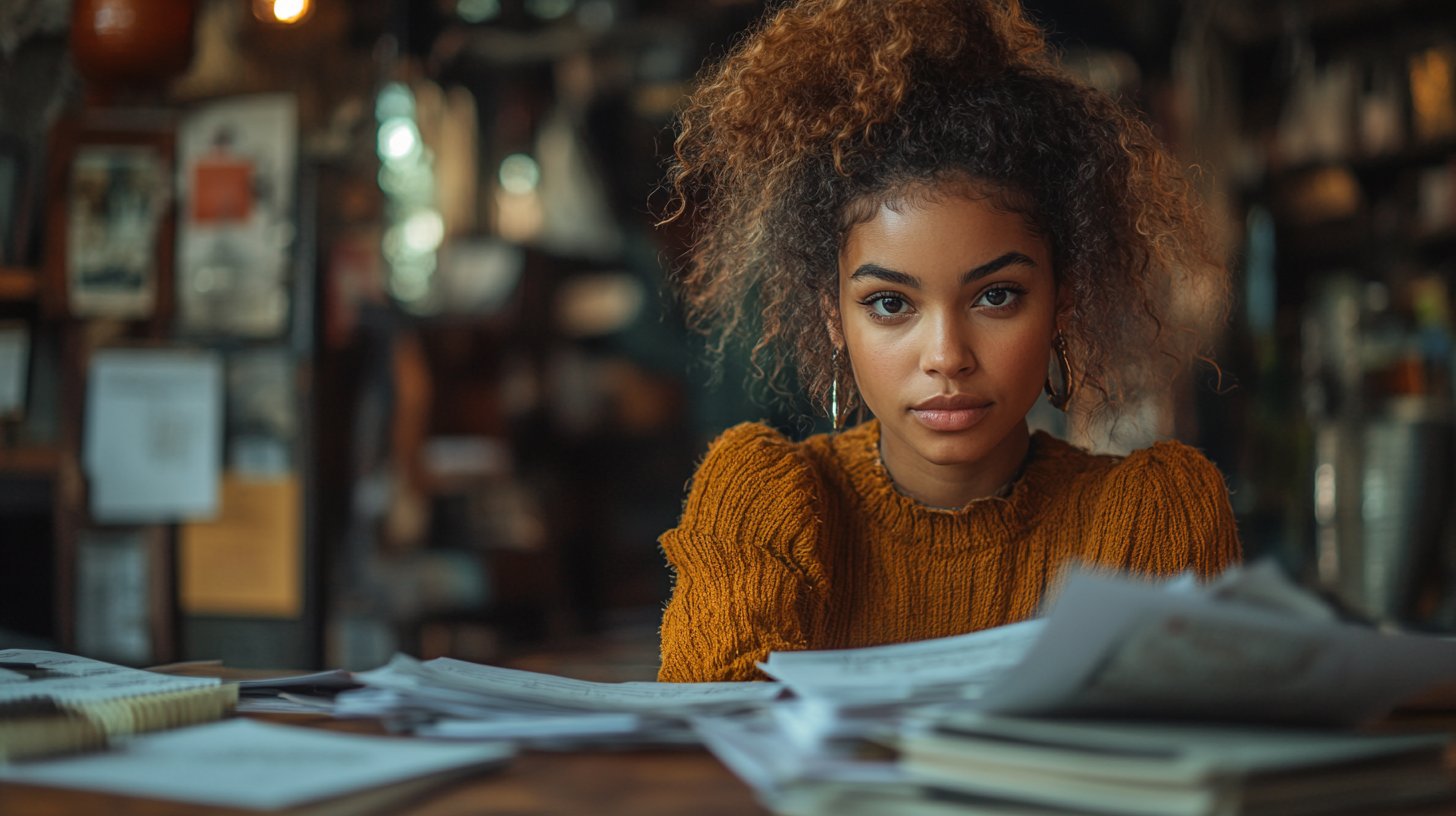 Una mujer tomando decisiones con confianza en una mesa, irradiando empoderamiento.
