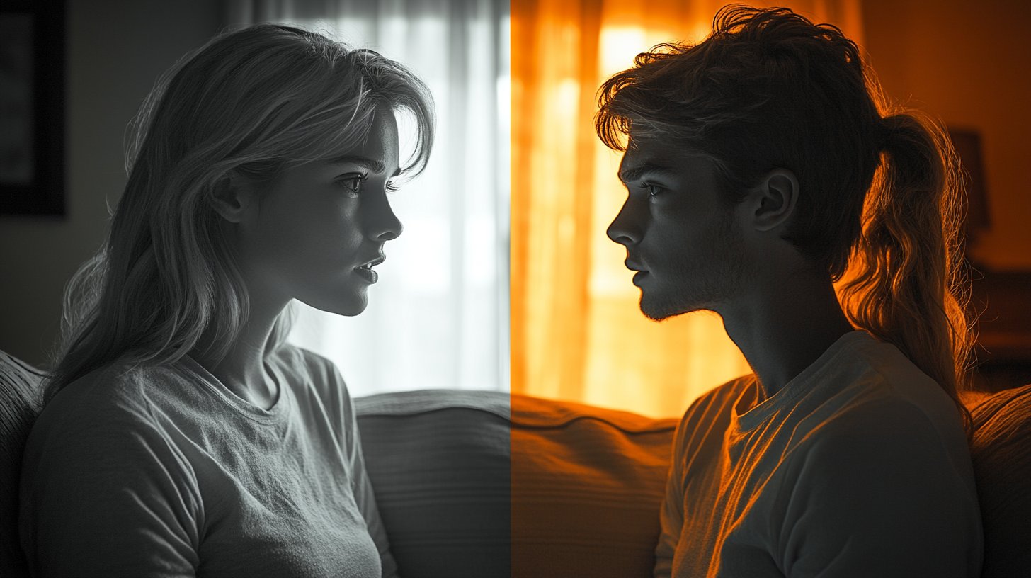 Una imagen de dos personas en un sofá, una hablando y la otra distante.