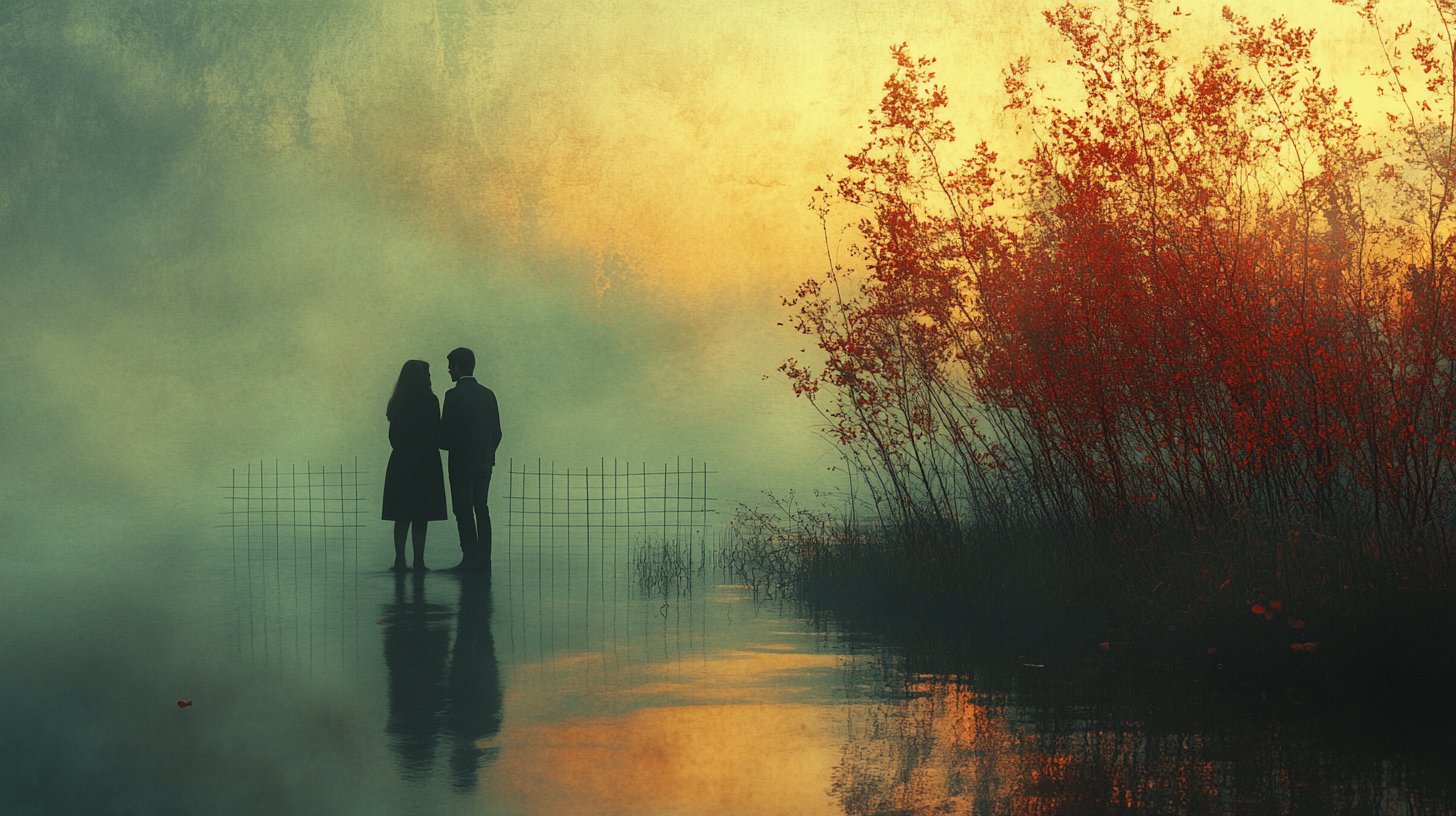 Un entorno sereno donde una pareja comunica, con barreras que simbolizan comprensión.