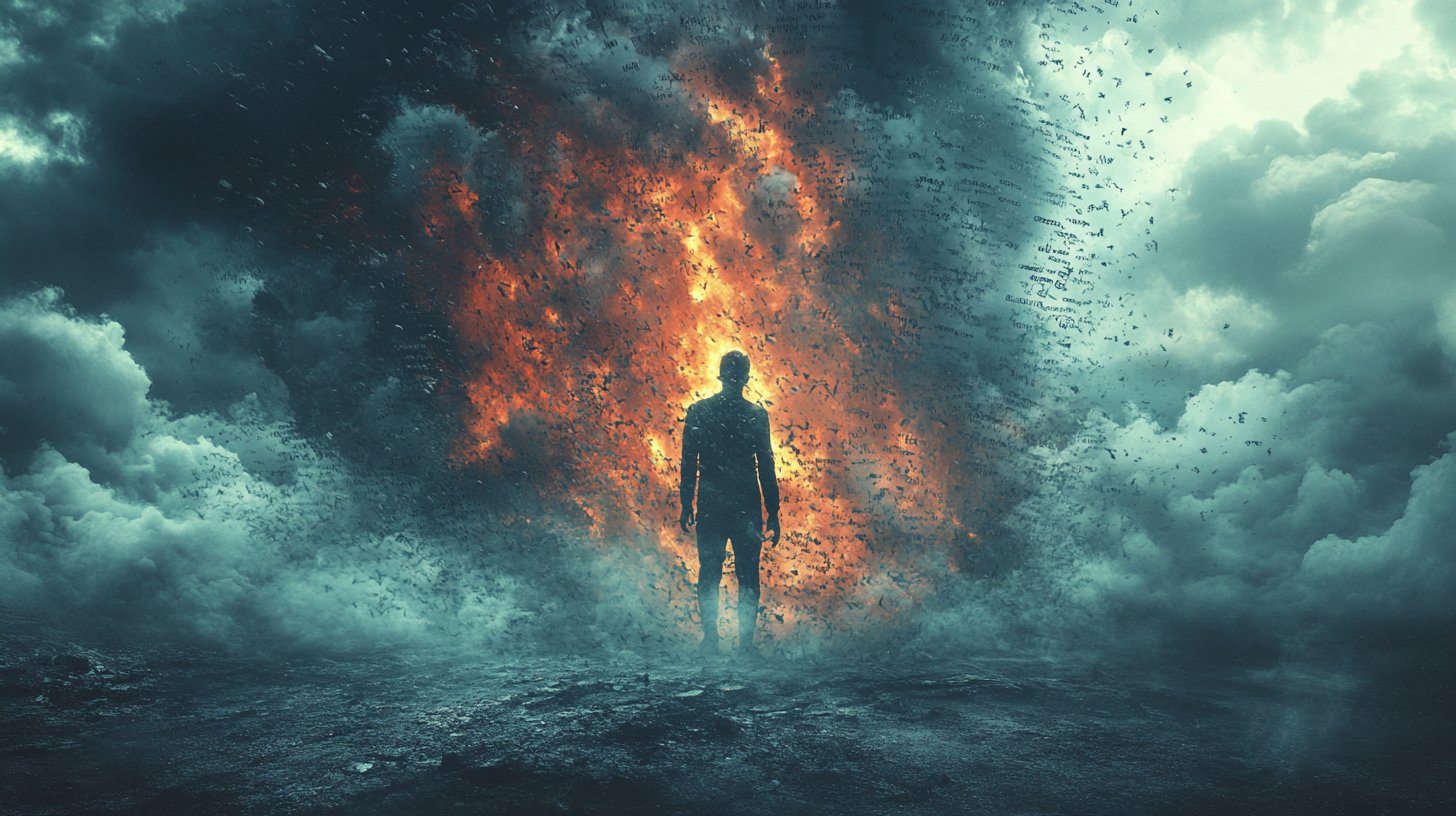 Una figura en una tormenta de palabras negativas.