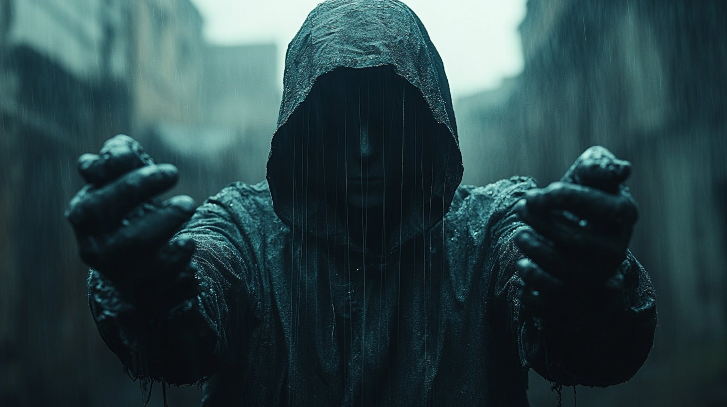 Una marioneta controlada por una figura sombría.