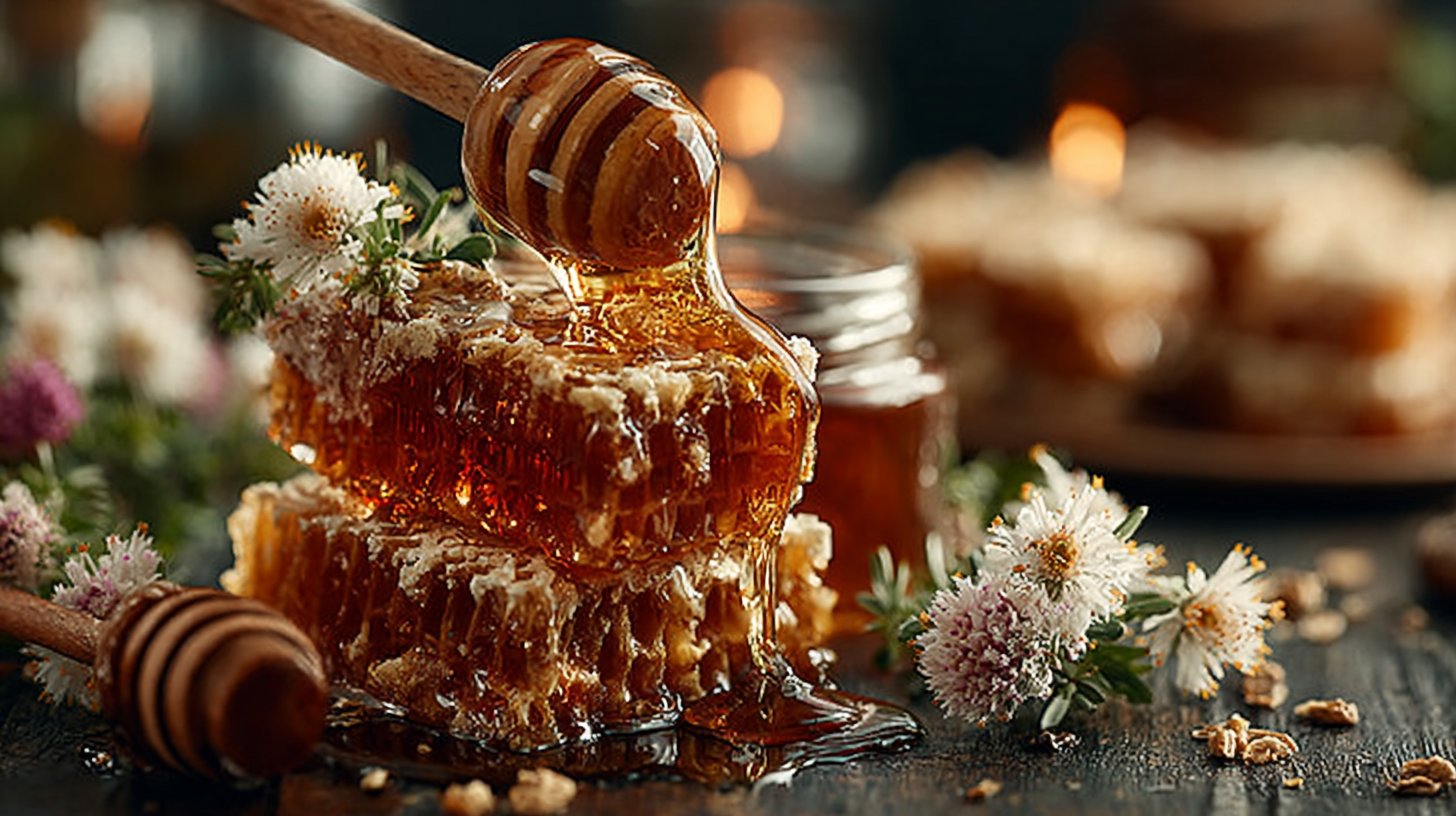 Künstlerische Anordnung eines Honigglases mit tropfendem Honig.
