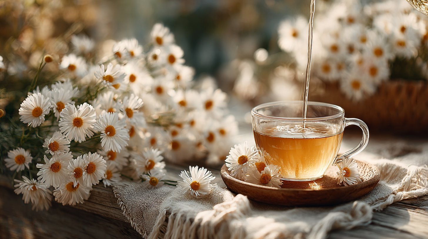 Eine entspannende Tasse Kamillentee neben blühenden Kamillenblumen.