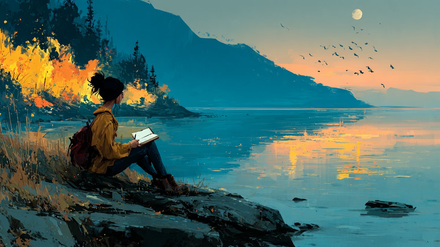 Eine Person sitzt in der Natur und reflektiert im Tagebuch.