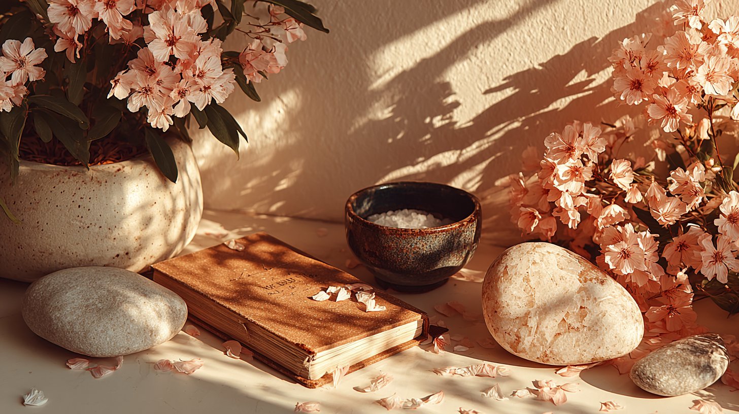 Ein Bild von Dankbarkeit mit liebevollen Objekten und Blumen.