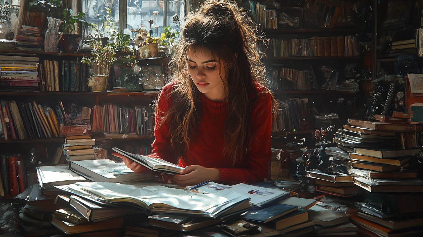 Künstlerische Darstellung einer Frau, die ihre Hobbys vernachlässigt, umgeben von vergessenen Kunstmaterialien und Büchern.