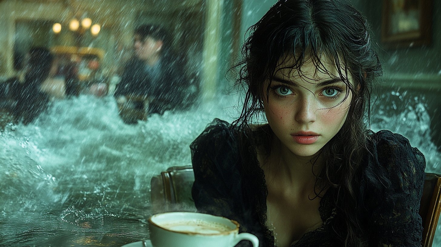 Eine Szene, die Eifersucht zeigt, mit einer jungen Frau, die neidisch auf ein Paar in einem Café blickt.