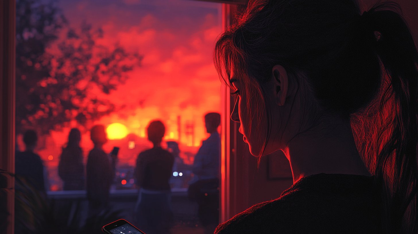 Visualisierung einer Frau zu Hause mit dem Handy, während Freunde draußen zusammenkommen, was Einsamkeit zeigt.