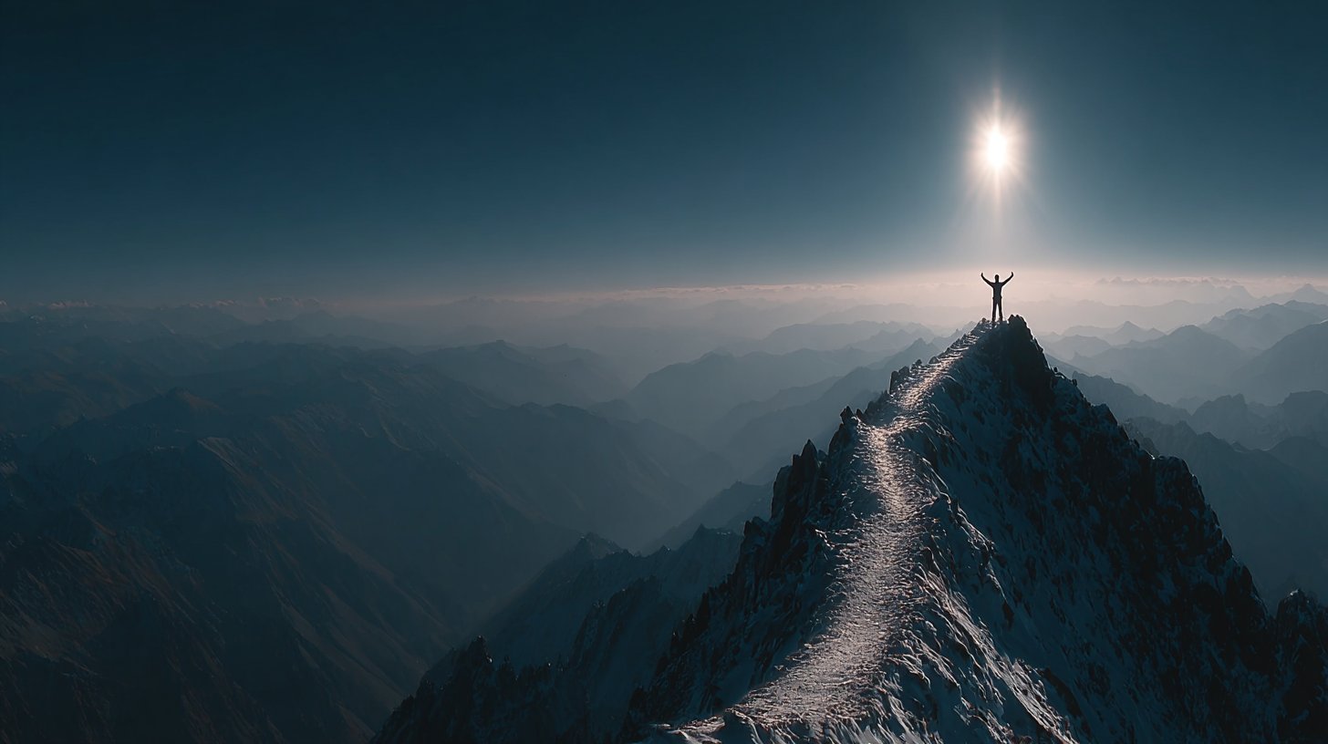 Eine Person erreicht den Gipfel des Berges.