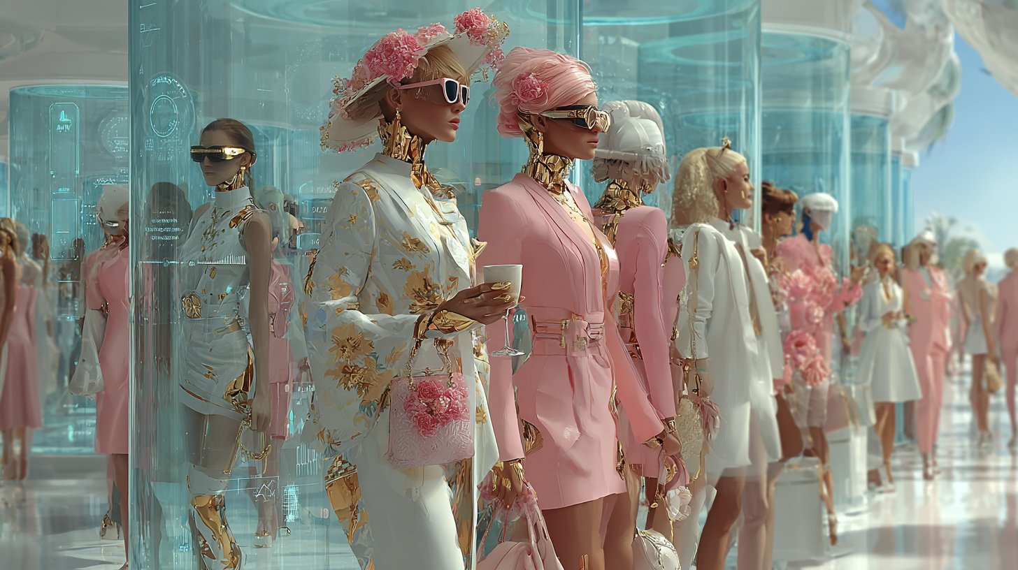 Vielfältige virtuelle Modeaccessoires in futuristischem Raum.