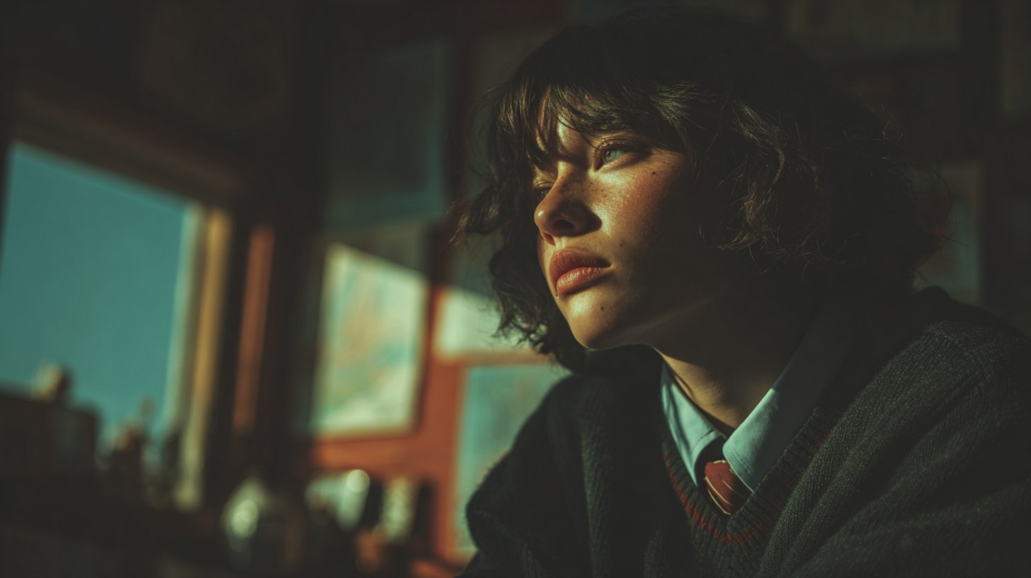 Nachdenklicher Schüler in Uniform symbolisiert Fokus und Zugehörigkeit.