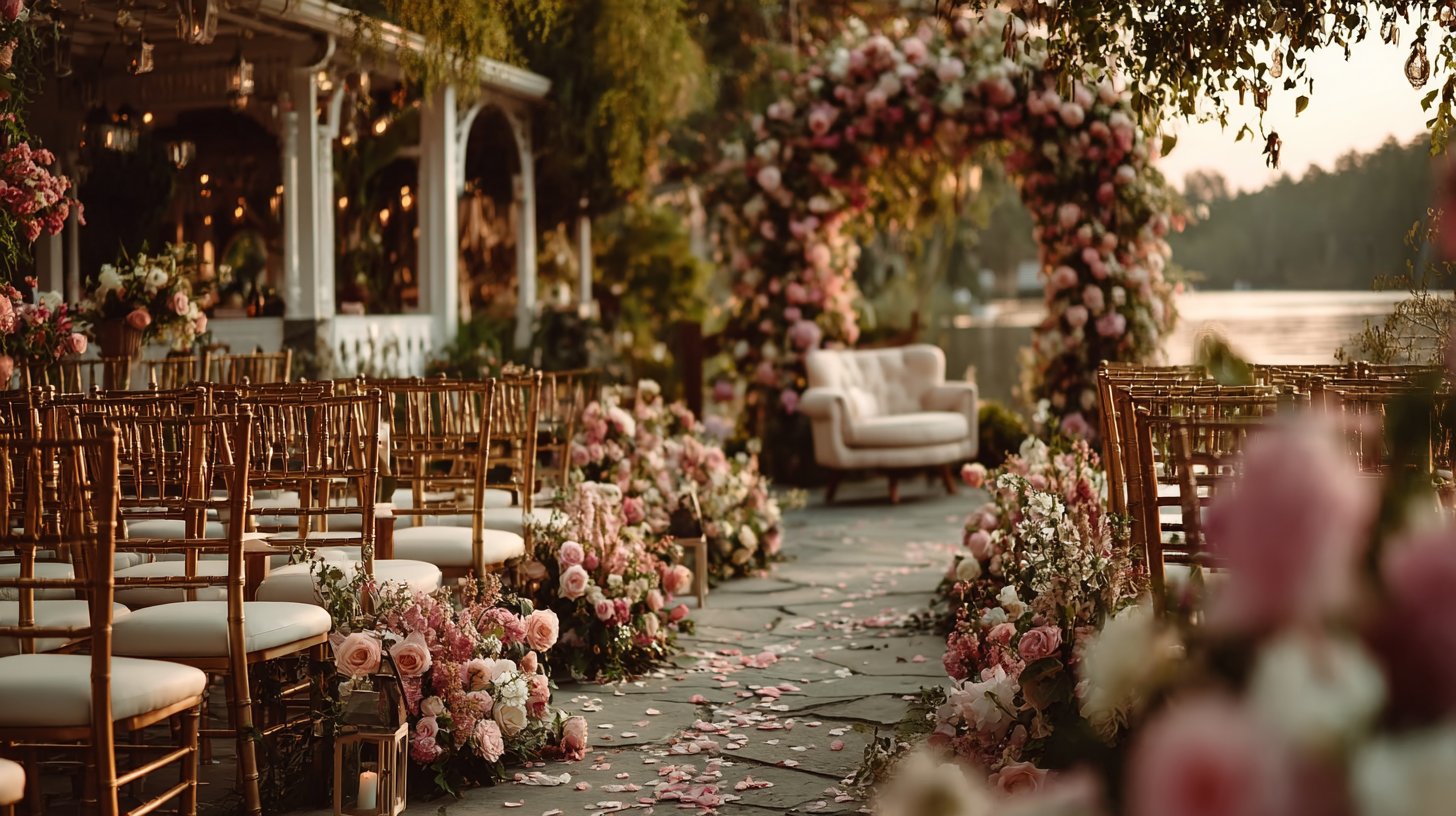 Romantische Outdoor-Hochzeit mit trendigen Outfits.