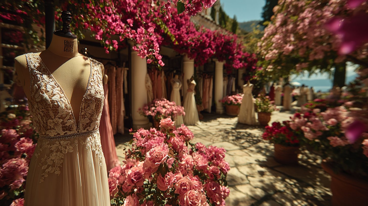 Kreative Brautkleider in malerischem Garten ausgestellt.