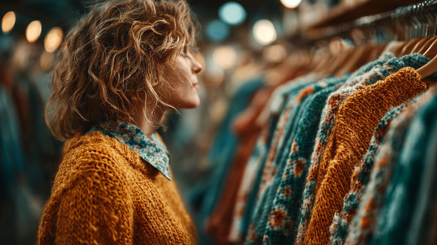 Nahaufnahme eines Kunden, der modische Sportbekleidung in einem Boutique auswählt.