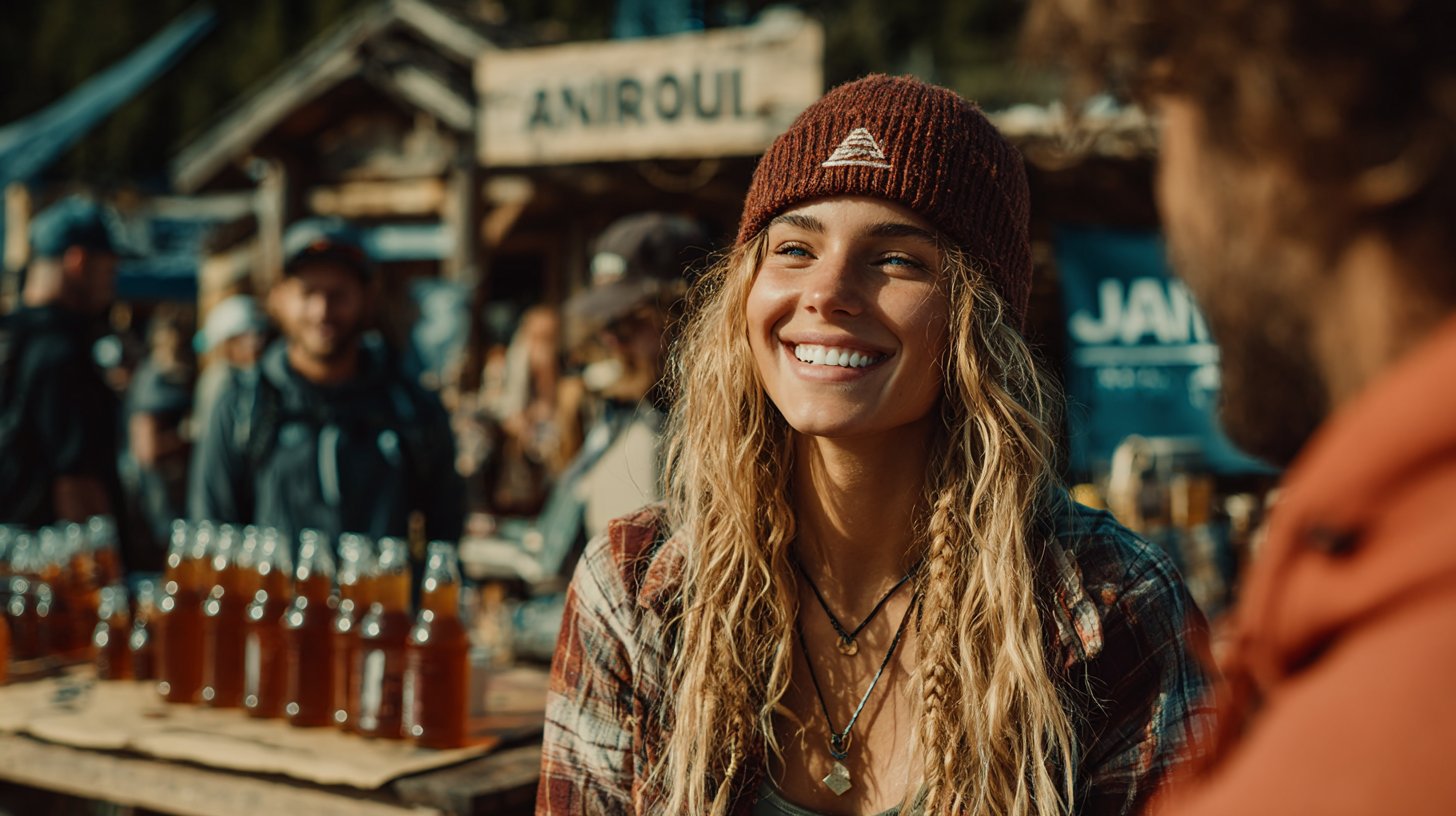 Freunde diskutieren ihre Sportbekleidungswahl am Picknicktisch.