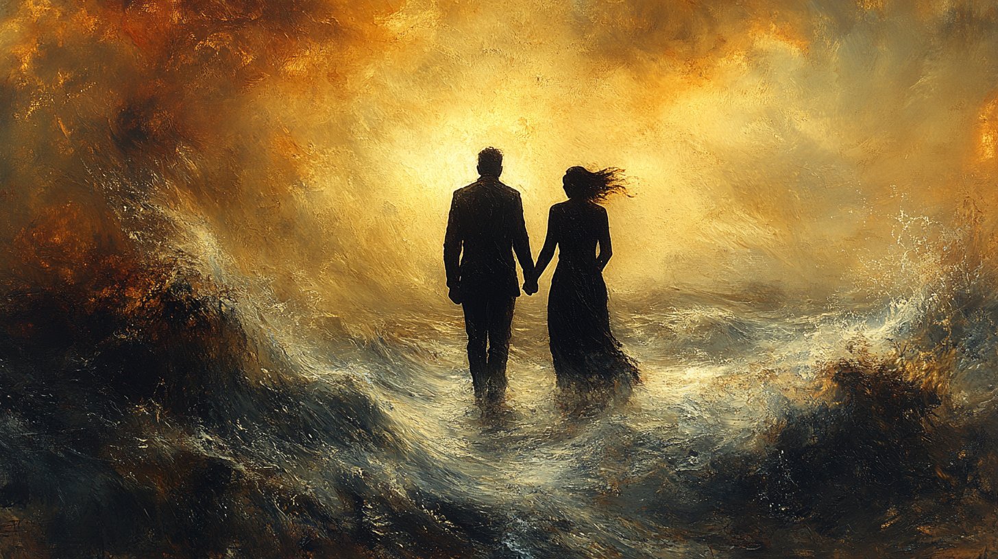 Ein unterstützendes Paar geht Hand in Hand durch stürmisches Wetter.