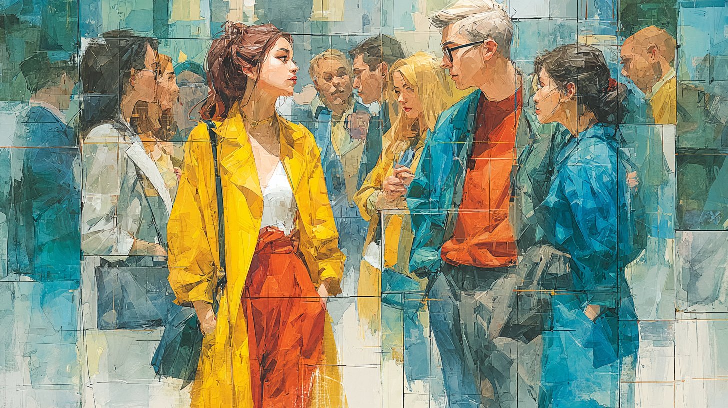 A dynamic urban scene illustrating the interaction between fashion and society.