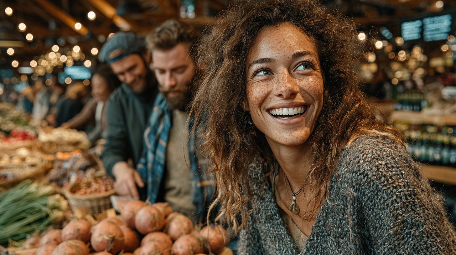 Un moment candid avec des acheteurs utilisant leurs propres sacs.