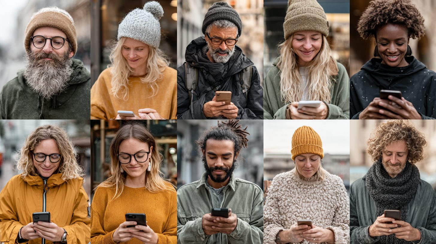 Vielfältige Menschen nutzen Smartphones in verschiedenen Umgebungen.
