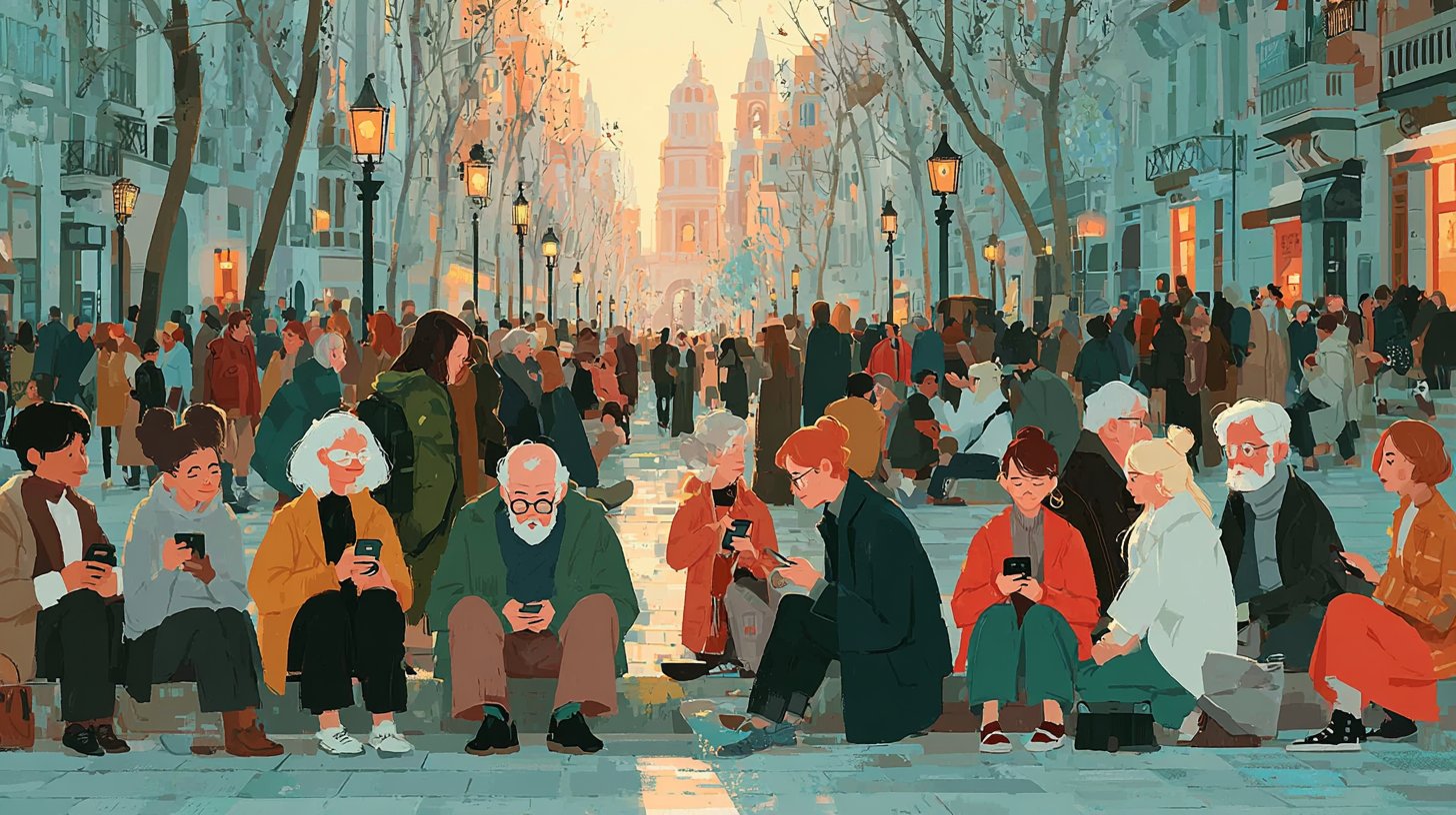 Lebendige Stadtansicht mit sozialen Interaktionen aller Altersgruppen.