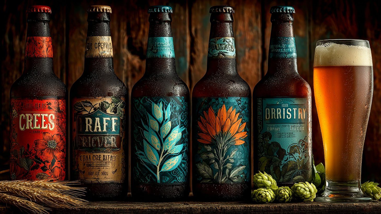 Primo piano di bottiglie e bicchieri di birra artigianale con sapori diversi.