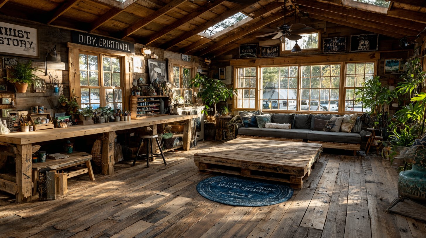 An array of completed DIY projects in a spacious workshop.