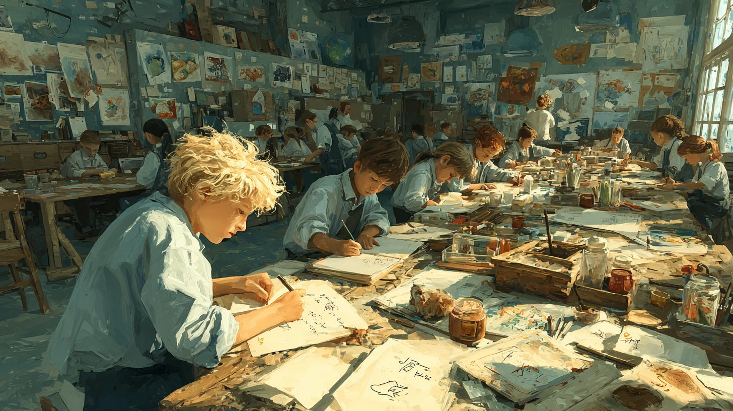 Vielfältige Schüler, die gemeinsam an einem Projekt mit analogen Materialien arbeiten.