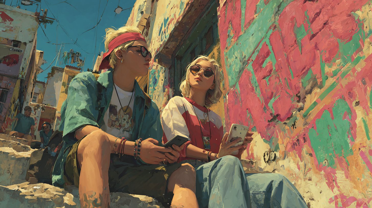 Juventud disfrutando de la moda vintage en un entorno urbano.