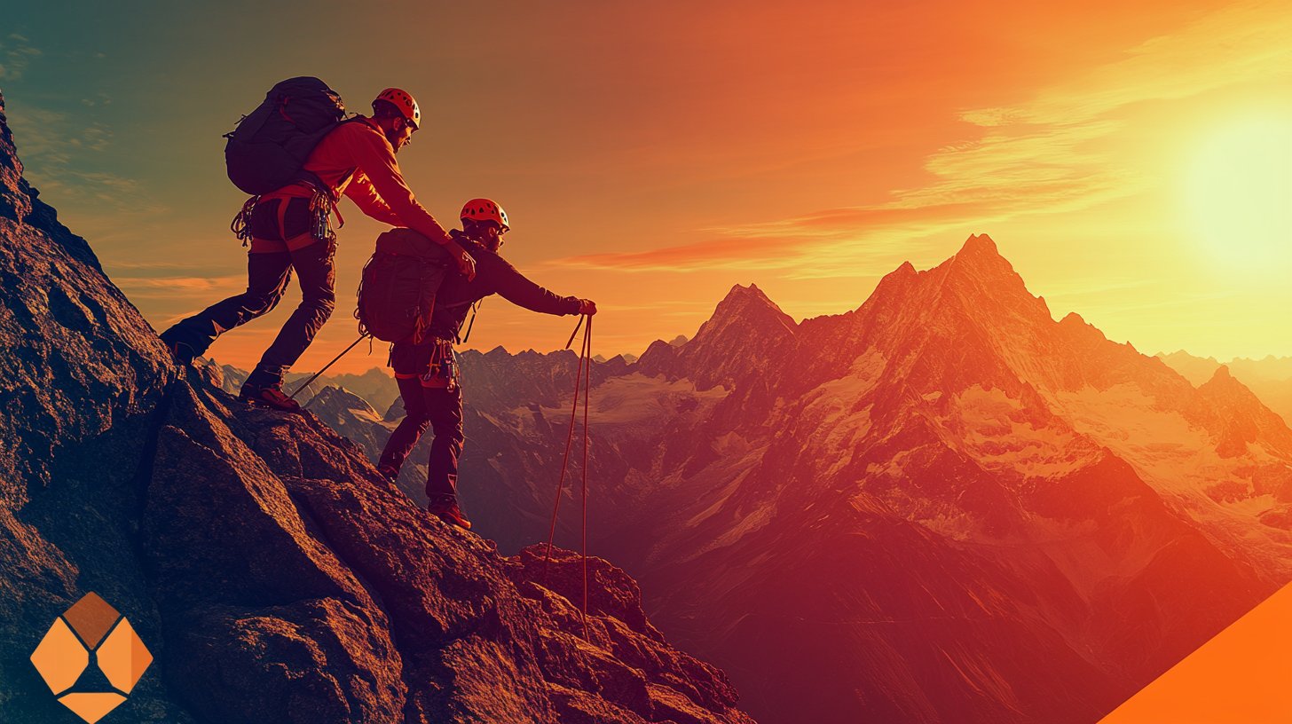 Eine unterstützende Szene, die zwei Figuren beim Besteigen eines herausfordernden Berges zeigt.