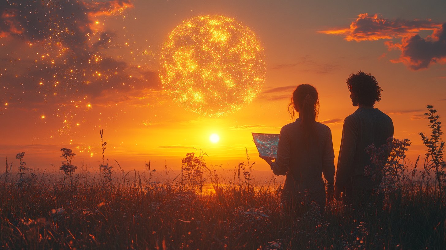 Eine harmonische Darstellung von zwei Figuren, die gemeinsam in einem üppigen Garten Samen pflanzen.