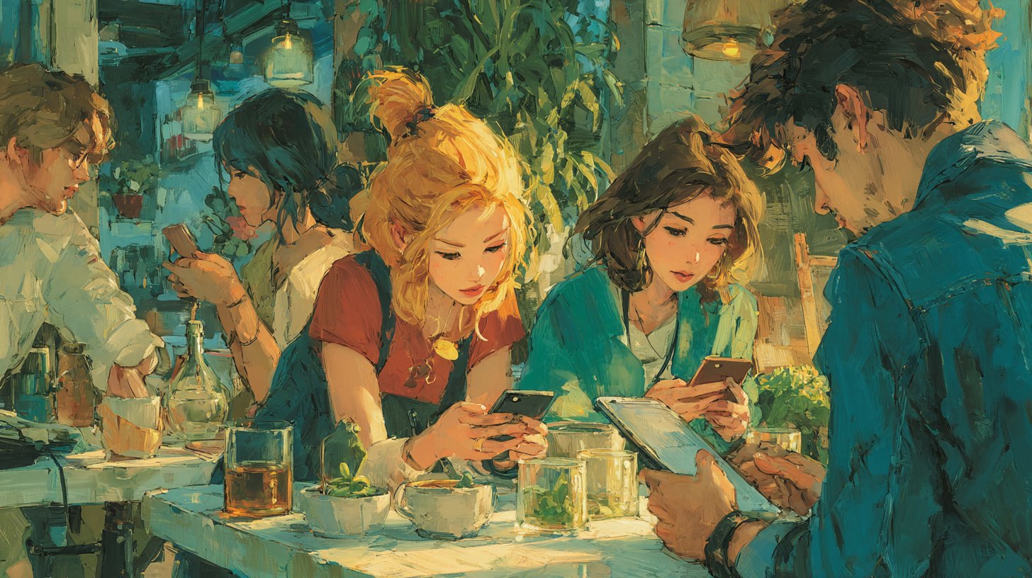 Eine vielfältige Gruppe von Menschen, die intensiv mit ihren Smartphones in sozialen Medien interagiert.