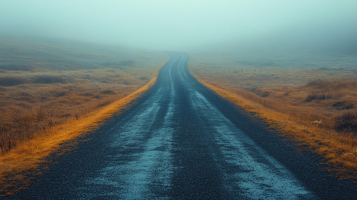 Ein offener Weg, der in den Nebel führt, ohne Perspektive.