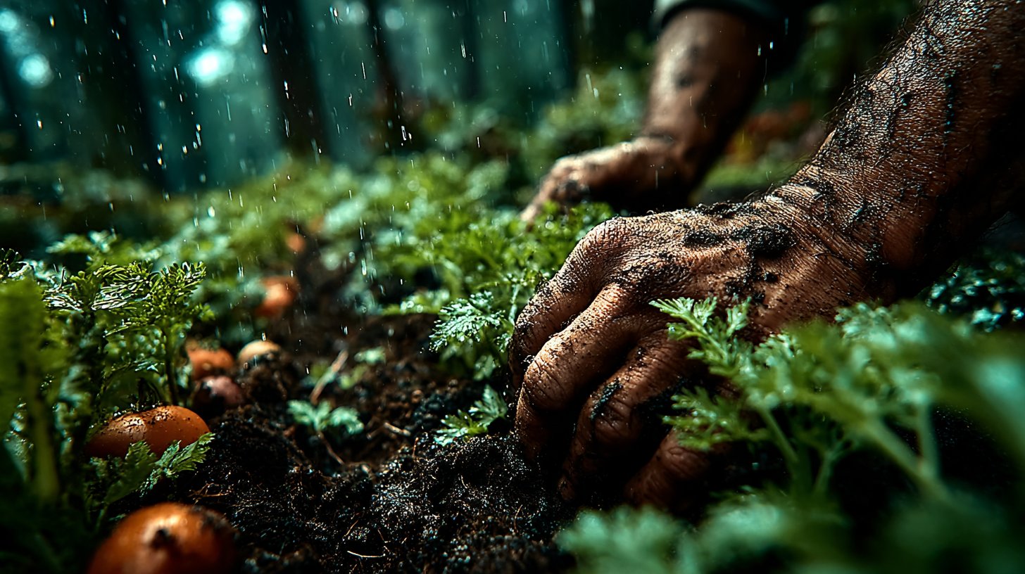 Nahaufnahme von gesunden Pflanzen und Produkten im Gemeinschaftsgarten, die frische Lebensmittel symbolisieren.