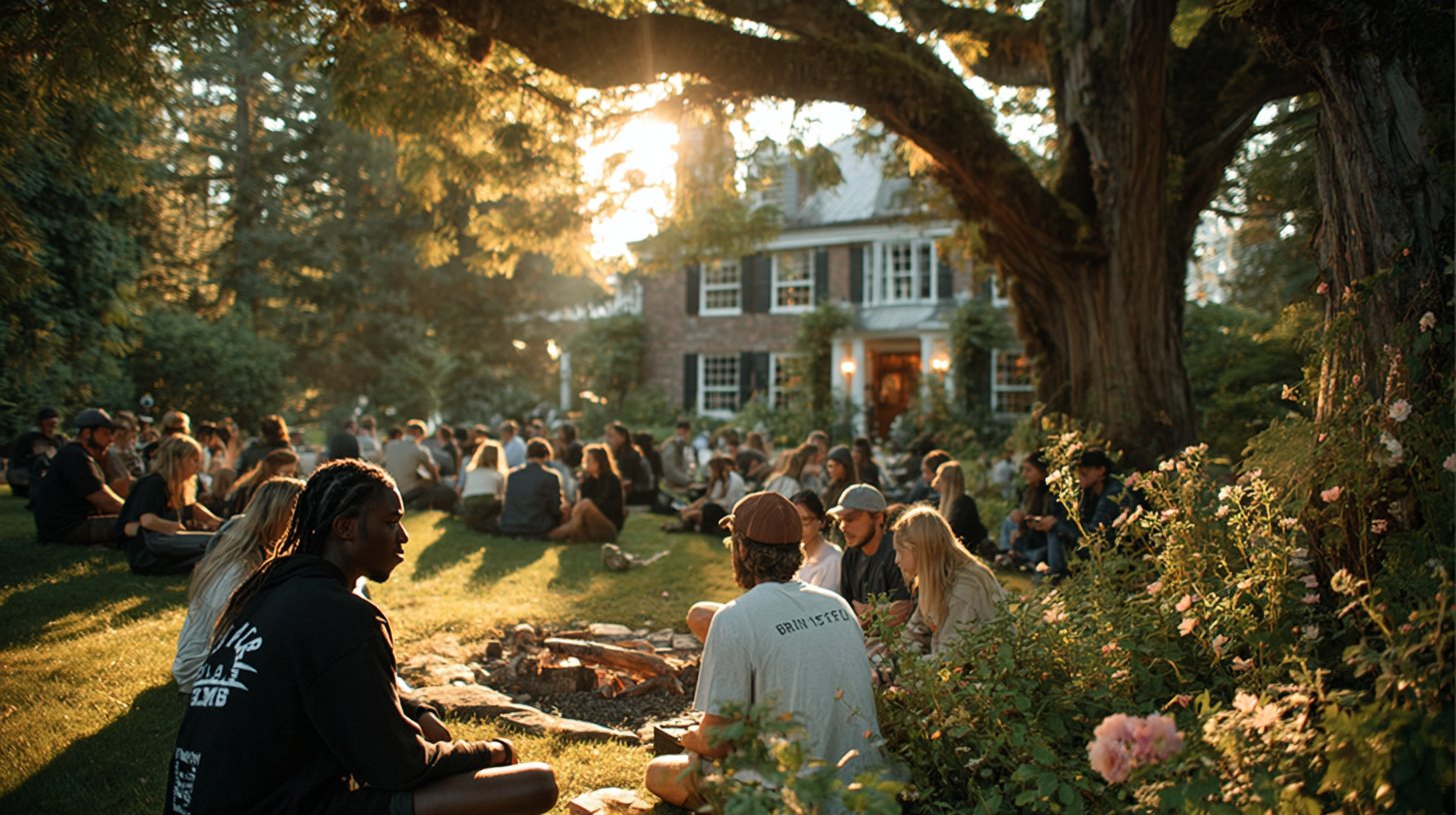 Szenen aus einem sozialen Garten mit Menschen, die sich unterhalten und Gartentipps austauschen.