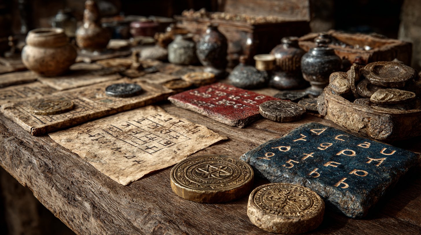 Ein künstlerisch arrangierter Tisch mit antiken Münzen und mathematischen Symbolen.