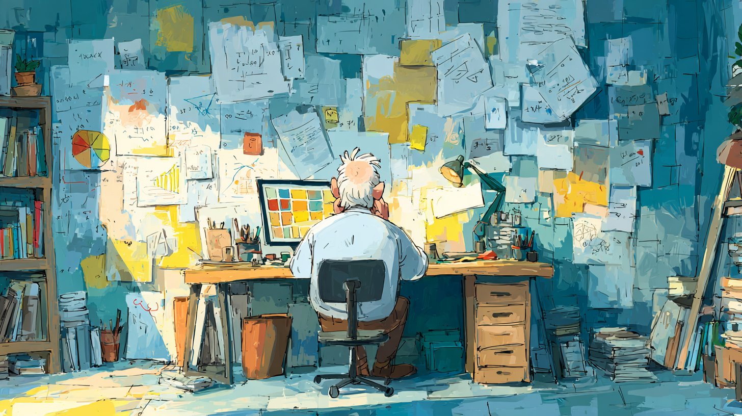 Ein Mathematiker arbeitet in einem modernen Büro mit Datenmustern.