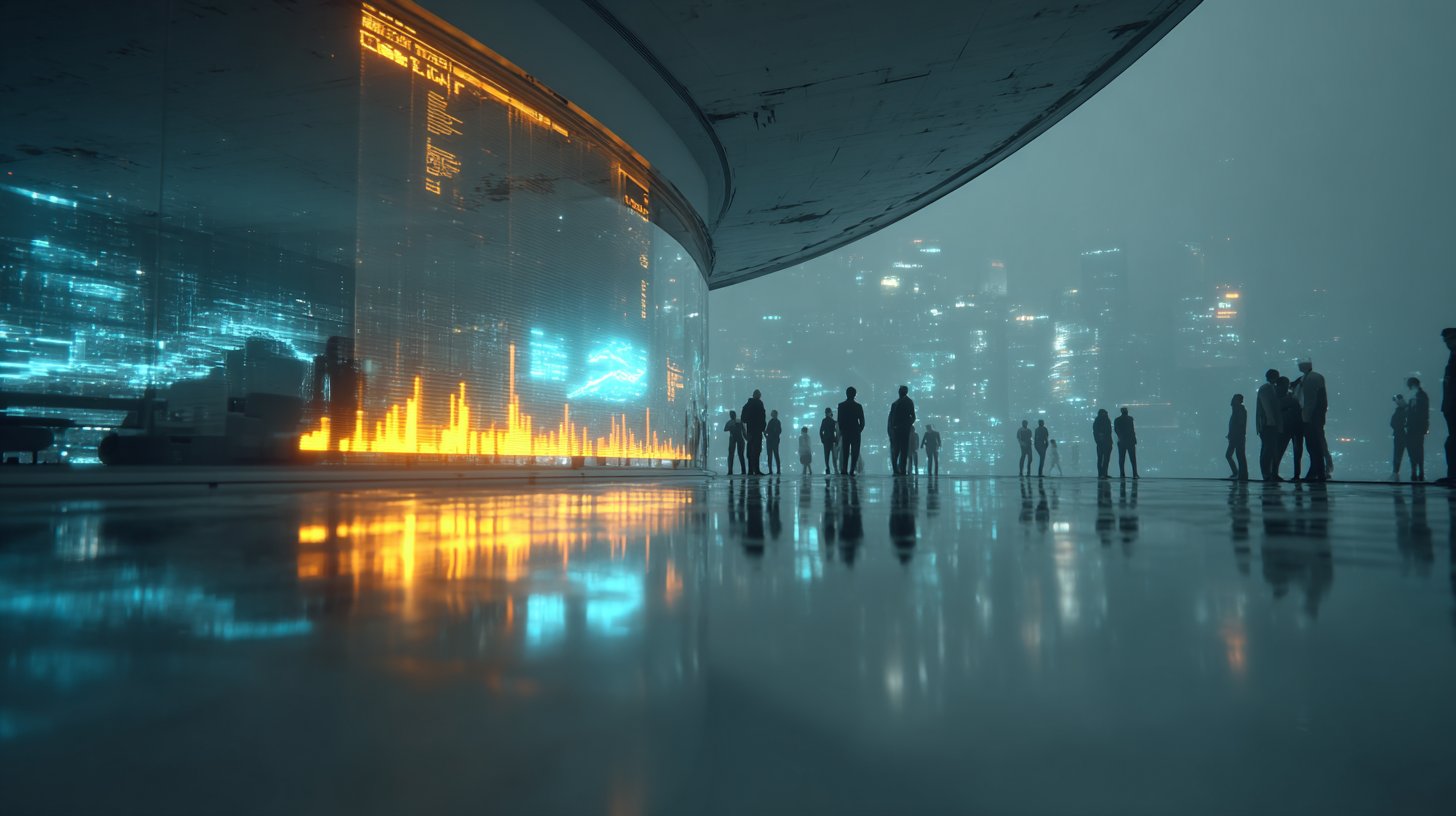 Ein futuristisches Setting mit holographischen Trends und einer vielfältigen Gruppe von Menschen.